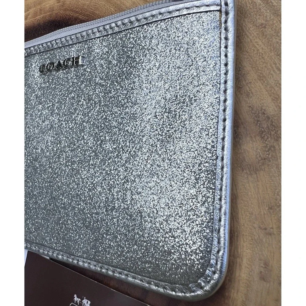 Coach Silver Metallic Glitter Leather Zip Legacy Wristlet Clutch Phone Pouch